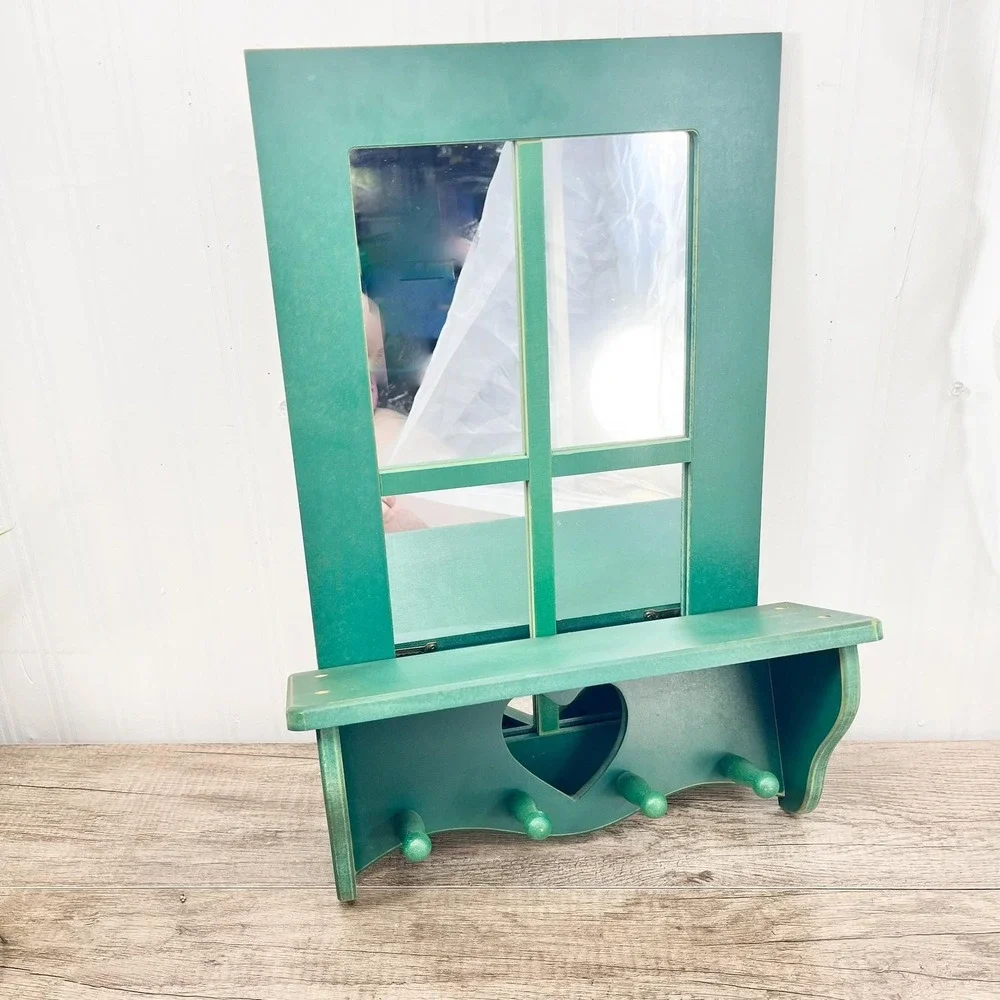 Green Wooden‎ Heart Shelf and Mirror Set - Vintage Cottagecore Decor